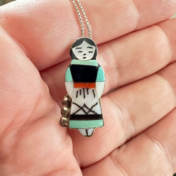 Native American Zuni Maiden Pendant Theresa Waseta Inlay Gemstone Necklace - Picture 5 of 7